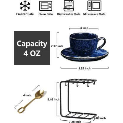4 oz Porcelain Espresso Cups with Saucers, Spoons, Metal Stand - Image 4