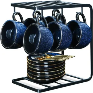 4 oz Porcelain Espresso Cups with Saucers, Spoons, Metal Stand