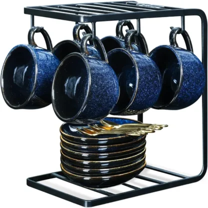 4 oz Porcelain Espresso Cups with Saucers, Spoons, Metal Stand